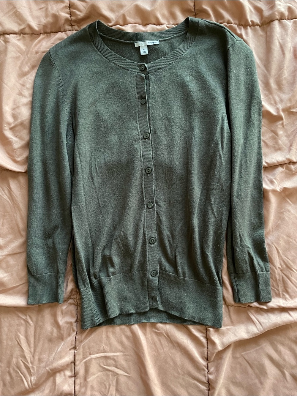 Olive Green Button-Front Quarter Sleeve Cardigan